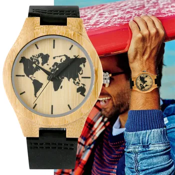 Oyma Siyah Dünya Haritaları Ekran bambu saat Erkekler için Hakiki Deri Rahat erkek Kol Saati Kuvars Ahşap Timepiece Hediyeler
