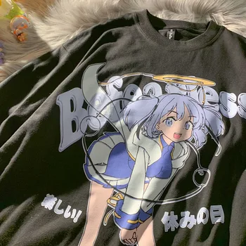 Pamuk Anime T-shirt y2k Japon grunge Uzun kollu Kadın giyim Kawaii Kız Üstleri vintage pulovers giysileri Büyük Boy t-shirt