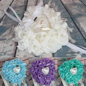 Parti DIY Dekorları Kalp Şekli Simülasyon Gül Çiçek Takı Çantası 1 Adet Yüzük Kutusu Düğün Mariage Dekor Yüzük Yastık Minder
