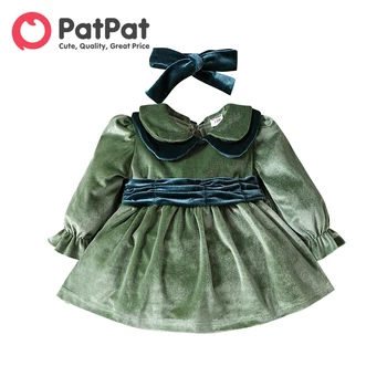 PatPat 2 adet Bebek Kız Kontrast Peter Pan Yaka Uzun kollu Kadife Parti Elbise ile saç bandı seti