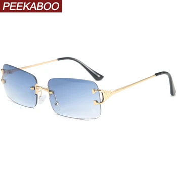 Peekaboo mavi dikdörtgen güneş gözlüğü çerçevesiz erkekler metal moda kare güneş gözlüğü kadınlar için degrade lens çerçevesiz 2021 uv400