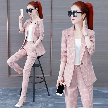 Pembe Ekose Takım Elbise İki Parçalı Set Kadın Sonbahar Moda Kore İnce Blazer Ceket Ve takım elbise Ofis Bayan Zarif İş İş Elbisesi