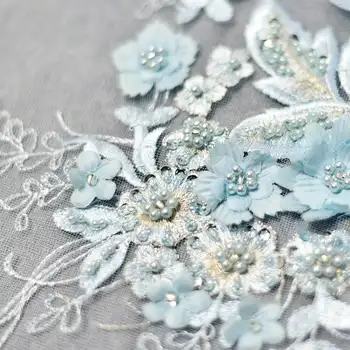 Pembe / Soluk Mavi 3D Çiçek Boncuklu Aplike Nakış Dantel Çiçek Yama Lirik Dans, Kostüm Tasarımı, Gelin, Saç Aksesuarı