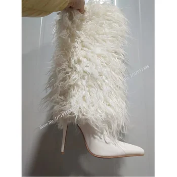 Pereira Beyaz Kalın Kürk Dekor Çizmeler Yüksek Topuk Çizmeler Orta Buzağı Sivri Burun Ayakkabı Kadın Topuklu Yeni Moda Zapatillas Mujer