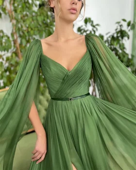 Peri Yeşil A-line Balo Elbise Şal 100D Şifon Parti Elbise Kemer Sweep Tren Abiye Vestidos De Noche