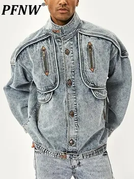 PFNW Yeni Vintage Denim Ceketler Erkekler İnce Katı Casual Jean Ceket Moda Standı Yaka Moto Biker Yüksek Sokak Gelgit Yıpratır 12A5983