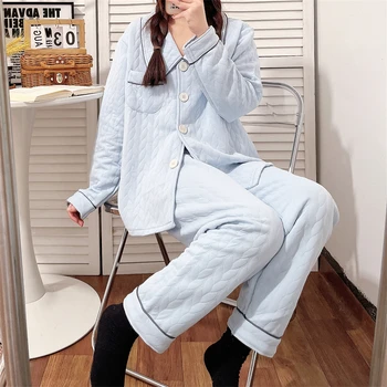 Pijama kadın Kış Yeni Kalınlaşmış Artı Boyutu Artı Kadife Gevşek ve Sıcak Dışarı Çıkabilir Ev Giysileri Çift taraflı Kadife Takım Elbise