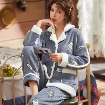 Pijama Setleri Kadınlar Sevimli Sıcak Pijama Tek Göğüslü Kış Sonbahar Pazen Rahat Termal Gevşek Salonu Aşınma Tatlı Mujer Baskı