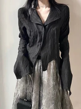 Pileli Düğme Y2k Gömlek Kadınlar Vintage Siyah Şık Bluz Gotik Harajuku Koyu Sıkı Uzun Kollu Estetik Kadın Gömlek 21810