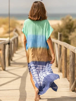 Plaj Cover Up Batik Maxi Kaftan Bohemian Elbiseler 2022 Gevşek Kısa Kollu Yaz Sahil Mayo Beachwear