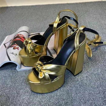 Podyum Ayakkabı kadın Yaz Tıknaz Topuklu Platformu Kelebek Düğüm Peep Toe Sandalet Yüksek Topuklu kadın Yay Aşk parti ayakkabıları 34-43