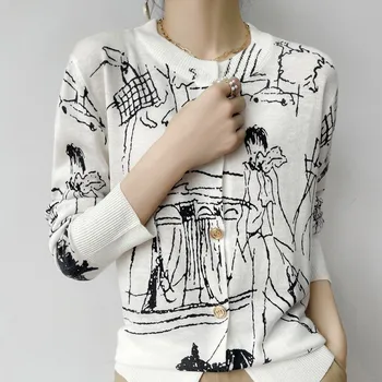 Popüler kadın graffiti tarzı kaşmir hırka yeni moda O-Boyun elastik kazak kadın yumuşak gevşek yün hırka