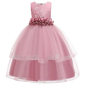 Prenses Nakış Çiçek Boncuk Düğün Akşam Elbise Çocuk Giysileri Yaz fantezi elbise Kızlar için детские плать 8 10 12 Yıl