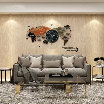 Punch - ücretsiz Büyük Dünya Haritası kendin yap çıkartmalar duvar saati quartz saat Dilsiz Modern Kendinden Yapışkanlı Tasarım Horloge Sanat Dropshipping