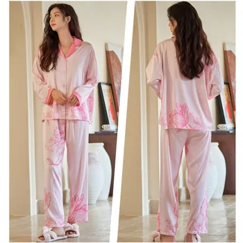 QSROCIO Yüksek Kaliteli kadın Pijama Set Çiçek Baskı Sahte Ipek Nightie Pembe Gecelik Eğlence Basit Pijama Loungewear Kadın