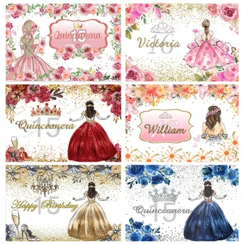 Quinceanera Onbeş Tatlı 15 16th Prenses Doğum Günü Partisi Zemin Pembe Kız Elbise Çiçek Altın Taç Dekor Fotoğraf Arka Plan