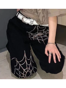 QWEEK Gotik Grunge Örümcek Çar Baskı Boy Siyah Şalvar Kot Kadın Hippi Yüksek Sokak Geniş Bacak Kot Pantolon Emo Pantolon