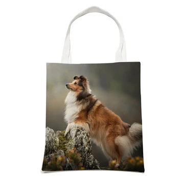 Rahat Shetland Çoban Köpeği Köpek Alışveriş omuzdan askili çanta Kadınlar için Pet Hayvan Katlanabilir Kullanımlık Keten Moda Öğrenci Tote Çanta