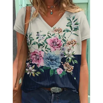 Rahat V Yaka Kısa Kollu Mektup Çiçek Baskılı Kadın Bluz Gömlek 2022 Yaz Moda Gevşek Streetwear Üstleri Kadın Blusa 5XL