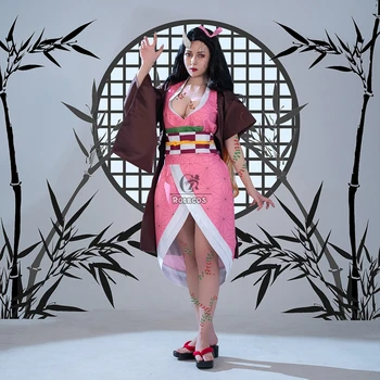 ROLECOS Anime iblis avcısı Cosplay Kostüm Yeni Form Kimono Nezuko Kamado Kostüm Kimetsu hiçbir Yaiba Cadılar Bayramı Kıyafet