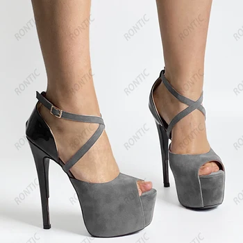 Rontıc 2021 Kadın platform sandaletler Strappy Seksi Stiletto Topuklu Peep Toe Muhteşem Siyah Bordo Gri parti ayakkabıları ABD Boyutu 5-20