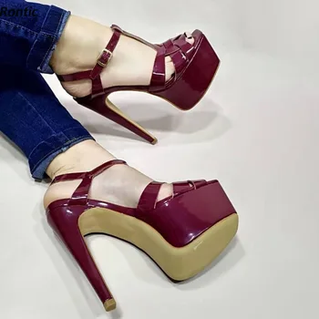 Rontıc El Yapımı Kadın platform sandaletler Patent Deri Seksi Stiletto Topuklu Peep Toe Muhteşem Şarap Kırmızı parti ayakkabıları ABD Boyutu 5-20
