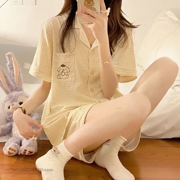 Sanrio Ev Giysileri Mavi Cinnamoroll Sarı Pom Pom Purin Pijama Seti 2 Adet Kadın Yaz Üstleri Şort Y2k Sevimli İnce Gecelik