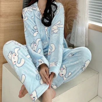 Sanrio Pijama Cinnamoroll Y2k Kız Estetik Kawaii Tatlı Karikatür Pijama Pantolon Kadınlar İçin Sonbahar Ve Kış Kalın Yumuşak Giysiler