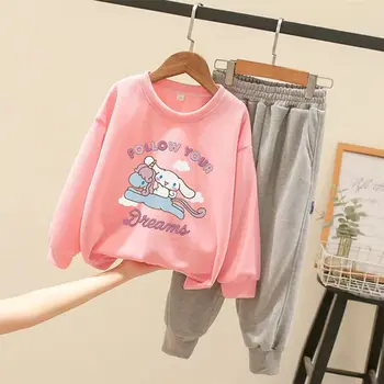 Sanrioed Anime Cinnamoroll Peluş Çocuk Rahat Eşofman 2 Parça Set Spor Tişörtü Kazak Yumuşak Peluş Streetwear Hediye