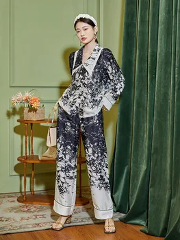 Saten Pijama Baskı Pijama Kadınlar için Yaz Takım Elbise İpek Salonu Uzun Kollu pantolon seti 2 Parça Mizaç Gecelik