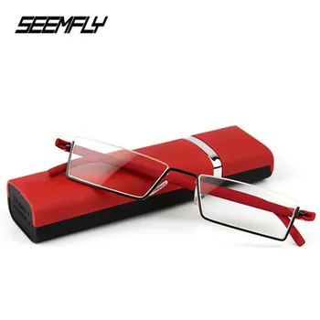 Seemfly Metal Yarım Çerçeve okuma gözlüğü Durumda TR90 Anti Yorgunluk Presbiyopi Gözlük HD Unisex Gözlük Diyoptri + 1.0 İla + 4.0