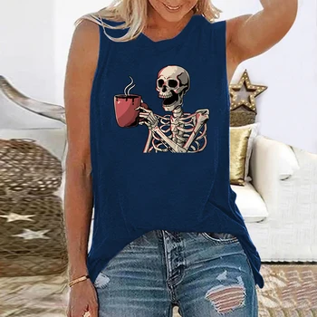 Seeyoushy İskelet Içme Kahve Baskı Komik Kadın T-Shirt Yaz Yeni Ekip Boyun Vintage T Gömlek Kolsuz Yaz Gevşek Tops