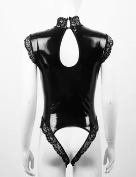 Seksi Erotik giyisi Cupless Crotchless Oyuncak Iç Çamaşırı Femme Siyah Wetlook Pvc Lateks Catsuit Gotik Kadın Porno Kostüm