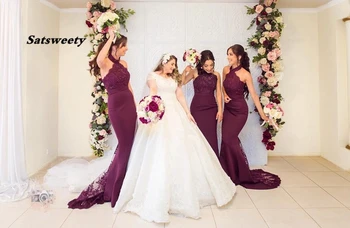 Seksi Üzüm Mermiad Nedime Elbisesi Ucuz Uzun Yüksek Boyun Düğün Konuk Siyah Kız Düğün Balo Parti Törenlerinde