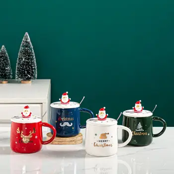 Seramik Kahve Fincanı Çam Elk Baskılı Karikatür Su kapaklı şişe ve Kaşık Yeni Renkli Festivali Ev Noel Kupa
