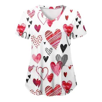 Sevgililer Günü Baskı çalışma üniforması Klinik Cep Bluz Hemşire Kadın Kısa Kollu V Yaka Fırçalama Üstleri Sağlık Bakıcısı Tunik