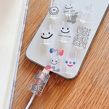 Sevimli Gülen USB şarj kablosu Kulaklık Kablosu Isırıkları Veri Hattı Kablosu iPhone 18/20W Gülümseme Kablo Bite Koruyucu Silikon Kapak