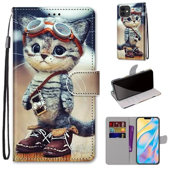 Sevimli Kedi Hayvan Desen Telefon Kılıfı için iPhone 12 11 Pro Max X XS 6 7 6S 8 SE 2 2020 12 mini Cüzdan Deri Standı Kitap Kapağı Çapa
