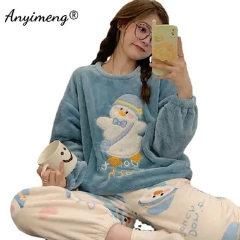 Sevimli Yalan Düz Ördek Kadın Pazen Pijama Kış Termal Pijama Bayan Kawaii Desenler Kadın Pijama Moda Oyuncak Homsuits