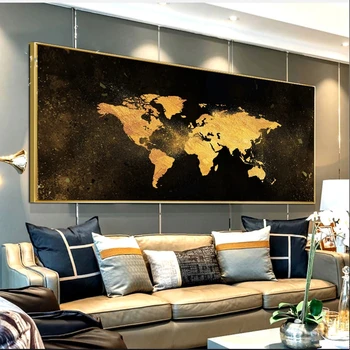 Siyah altın dünya haritası posteri ve tuval boyama, modern soyut klasik tarzı duvar sanatı baskılar süslemeleri ev oturma odası