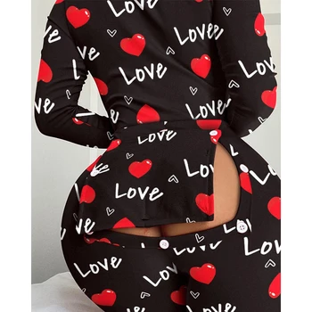 Sonbahar Bahar Kadın Seksi Kalp Mektup Baskı Fonksiyonel Düğmeli Flap Uyku Onesie Pijama Bayanlar V Boyun Uzun Kollu Pijama
