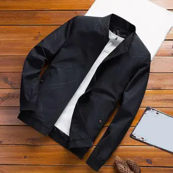 Sonbahar Erkek Ceket Moda Desen Gevşek Standı Yaka Uzun Kollu Fermuar Nervürlü Manşet Ceket Cepler Rahat Fit Ceket