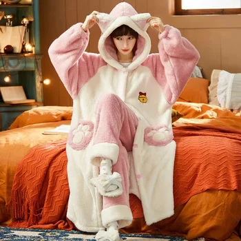 Sonbahar Kış Kadın Kapşonlu Pijama Setleri Kalınlaşmak Sıcak Mercan Polar Pijama Tatlı Sevimli Kadın Gecelik Ev Giysileri