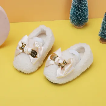 Sonbahar Kış Pamuk dolgulu ayakkabılar Küçük Ayı Yay Prenses Ayakkabı Kızlar Kürk Flats Mary Janes Ayakkabı Düz Renk bebek ayakkabısı