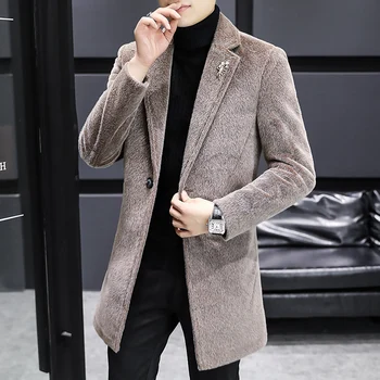 Sonbahar Kış Yün Ceket erkek Orta uzunlukta Kore Slim fit Casual İş Siper Rüzgarlık Erkekler Sosyal Streetwear Palto