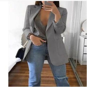 Sonbahar Maxi Boyutu 5XL Rahat Gevşek Blazer Uzun Kadın Ceketler Moda Basit Zarif Ince Mont Ofis Bayanlar Düz Renk Dış Giyim