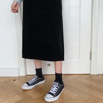 Sonbahar Uzun Etekler Kadınlar Yüksek Bel A-line Katı Renk Basit Vintage Zarif Bayanlar Tüm Maç Kore Tarzı Mujer Giyim Falda