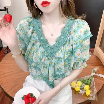 Sonbahar Yeni 2021 Bluz Düz Renk V Yaka Uzun Kollu Dantel Şifon Japon Tarzı Moda Sadelik Tasarım Kadın Bluz Örtüleri