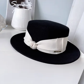 Sonbahar Yeni Yün Şapka kadın Şapka Kemer Siyah Beyaz Şapka Fascinator Düğün Şapka Moda Bayan Şapka Düz Şapka Kova Şapka Geniş Ağız