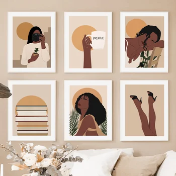 Soyut Afrika Kız Boho Güneş Kitap Kahve Monstera Sanat tuval Boyama İskandinav Posterler Baskılar Duvar Resimleri Oturma Odası Dekor